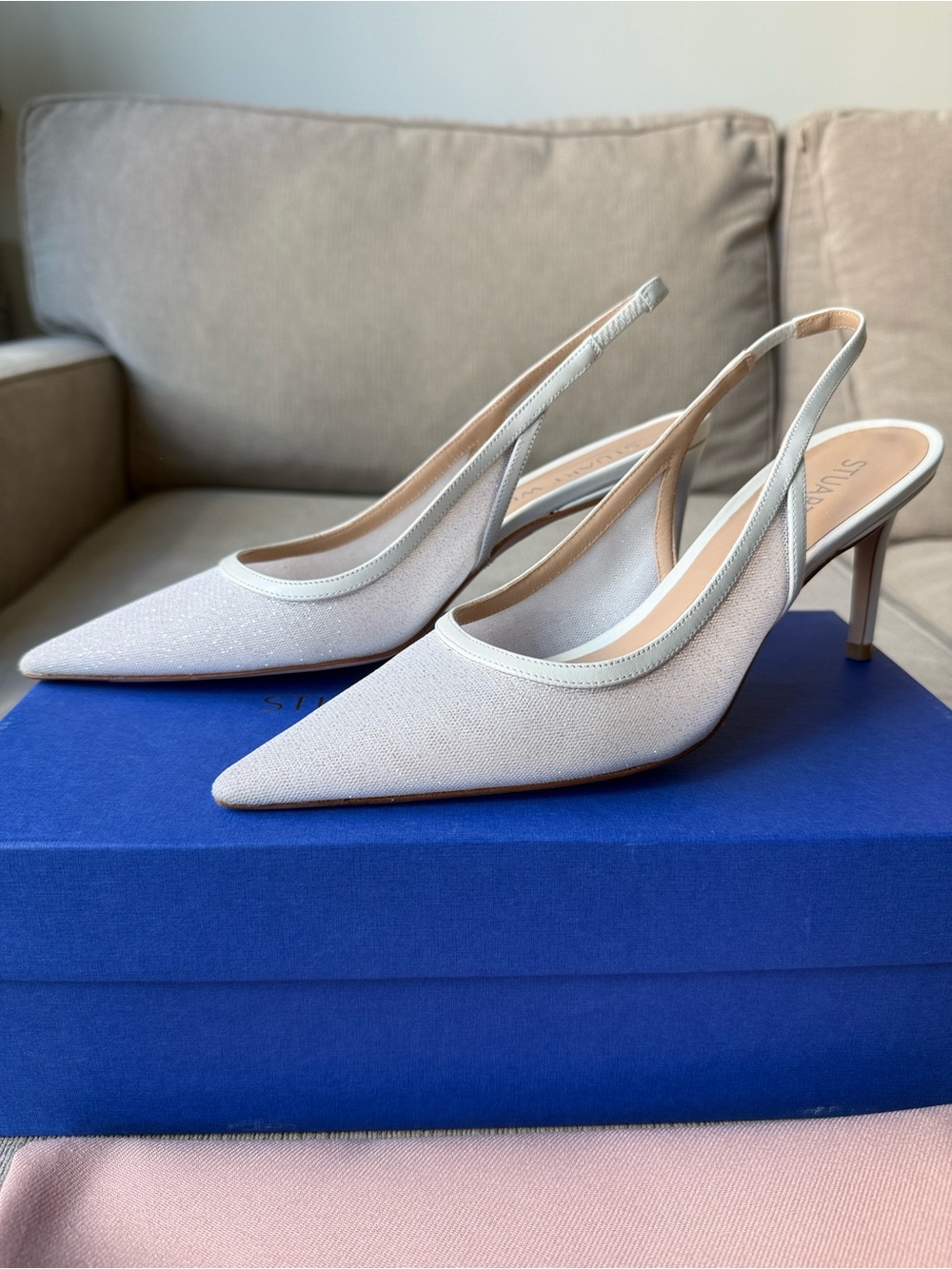 Stuart Weitzman Eva 75mm White Sparkle Pointed-Toe Slingback Heels